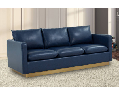 LeisureMod Nervo Modern Mid-Century Upholstered Leather Sofa with Gold Base