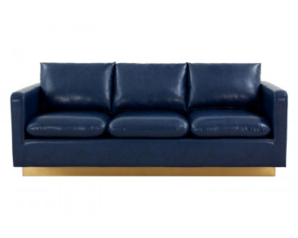 LeisureMod Nervo Modern Mid-Century Upholstered Leather Sofa with Gold Base - Navy Blue