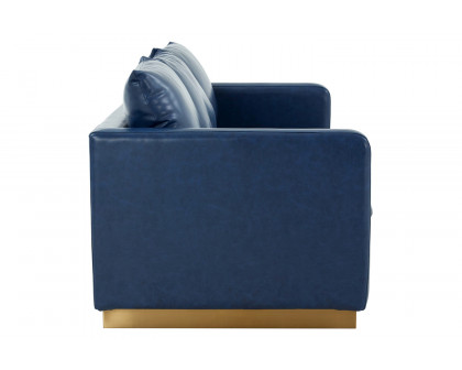 LeisureMod Nervo Modern Mid-Century Upholstered Leather Sofa with Gold Base - Navy Blue