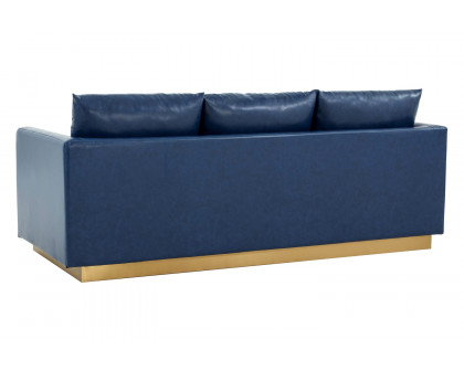 LeisureMod Nervo Modern Mid-Century Upholstered Leather Sofa with Gold Base - Navy Blue