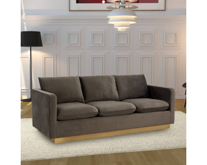 LeisureMod Nervo Modern Mid-Century Upholstered Velvet Sofa with Gold Base - Dark Gray