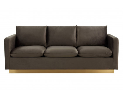 LeisureMod Nervo Modern Mid-Century Upholstered Velvet Sofa with Gold Base - Dark Gray