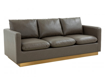 LeisureMod Nervo Modern Mid-Century Upholstered Leather Sofa with Gold Base