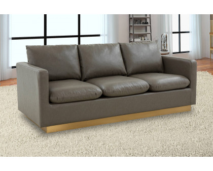 LeisureMod Nervo Modern Mid-Century Upholstered Leather Sofa with Gold Base - Gray