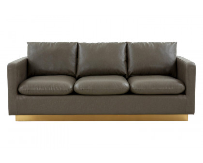 LeisureMod Nervo Modern Mid-Century Upholstered Leather Sofa with Gold Base - Gray