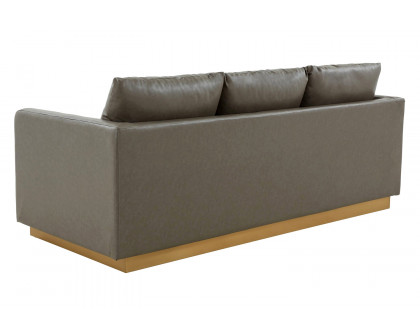 LeisureMod Nervo Modern Mid-Century Upholstered Leather Sofa with Gold Base - Gray