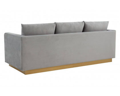 LeisureMod Nervo Modern Mid-Century Upholstered Velvet Sofa with Gold Base - Light Gray