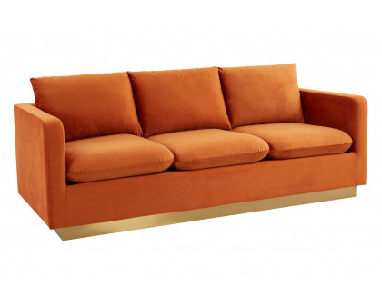 LeisureMod Nervo Modern Mid-Century Upholstered Velvet Sofa with Gold Base