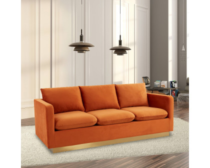 LeisureMod Nervo Modern Mid-Century Upholstered Velvet Sofa with Gold Base - Orange Marmalade