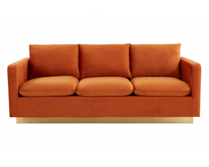 LeisureMod Nervo Modern Mid-Century Upholstered Velvet Sofa with Gold Base - Orange Marmalade