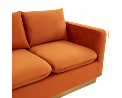 LeisureMod Nervo Modern Mid-Century Upholstered Velvet Sofa with Gold Base - Orange Marmalade