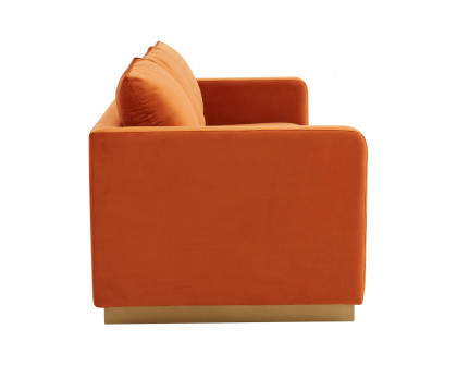 LeisureMod Nervo Modern Mid-Century Upholstered Velvet Sofa with Gold Base - Orange Marmalade