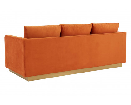 LeisureMod Nervo Modern Mid-Century Upholstered Velvet Sofa with Gold Base - Orange Marmalade