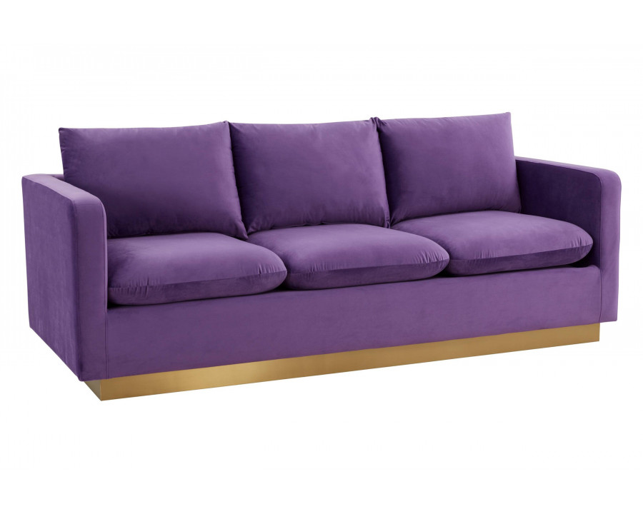 LeisureMod Nervo Modern Mid-Century Upholstered Velvet Sofa with Gold Base - Purple