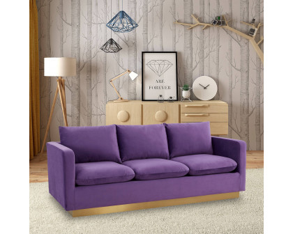 LeisureMod Nervo Modern Mid-Century Upholstered Velvet Sofa with Gold Base - Purple