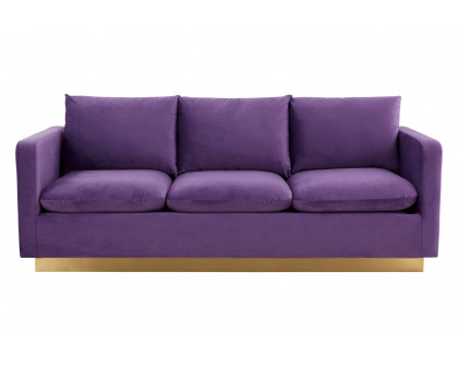 LeisureMod Nervo Modern Mid-Century Upholstered Velvet Sofa with Gold Base - Purple