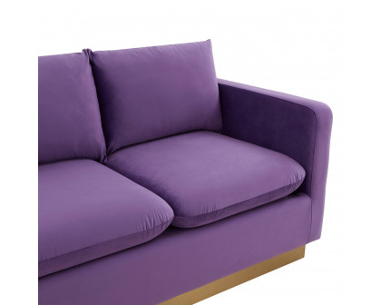 LeisureMod Nervo Modern Mid-Century Upholstered Velvet Sofa with Gold Base - Purple