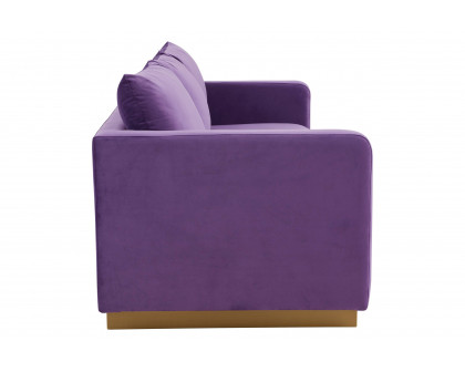 LeisureMod Nervo Modern Mid-Century Upholstered Velvet Sofa with Gold Base - Purple