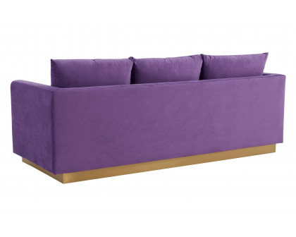 LeisureMod Nervo Modern Mid-Century Upholstered Velvet Sofa with Gold Base - Purple