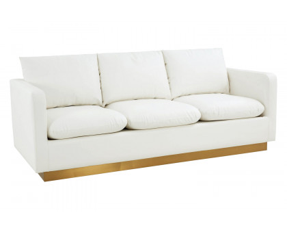 LeisureMod Nervo Modern Mid-Century Upholstered Leather Sofa with Gold Base