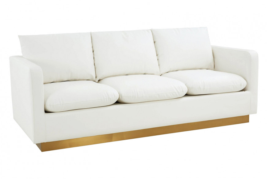 LeisureMod™ Nervo Modern Mid-Century Upholstered Leather Sofa with Gold Base - White