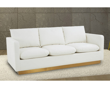 LeisureMod™ Nervo Modern Mid-Century Upholstered Leather Sofa with Gold Base - White