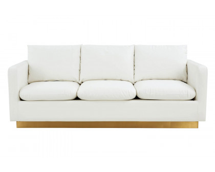 LeisureMod™ Nervo Modern Mid-Century Upholstered Leather Sofa with Gold Base - White