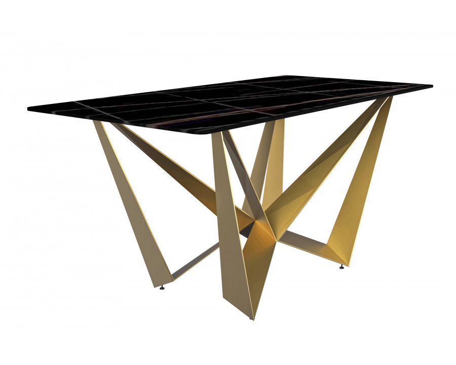 LeisureMod Nuvor Modern Dining Table with Rectangular Top and Gold Steel Base - Black/Gold