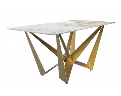 LeisureMod Nuvor Modern Dining Table with Rectangular Top and Gold Steel Base