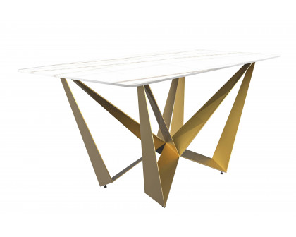 LeisureMod Nuvor Modern Dining Table with Rectangular Top and Gold Steel Base