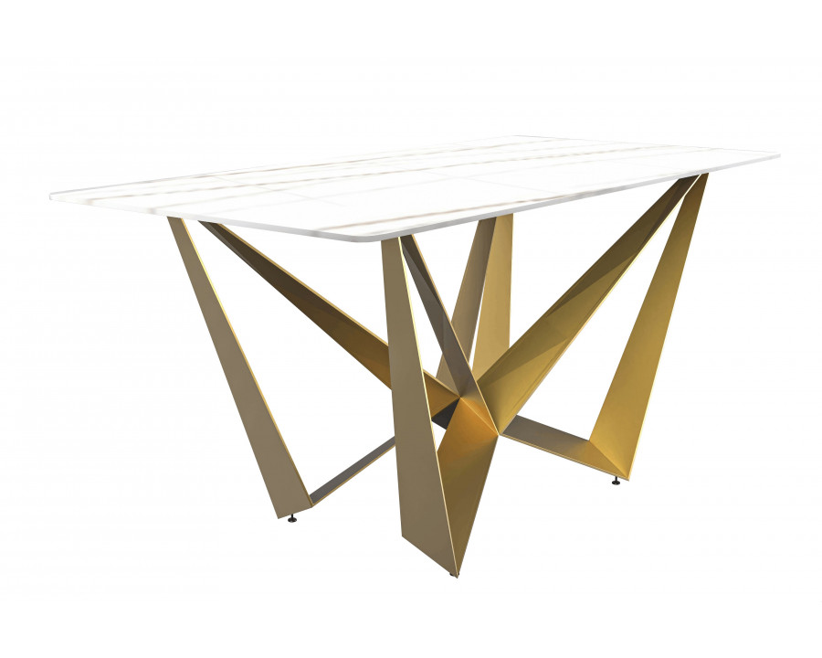 LeisureMod Nuvor Modern Dining Table with Rectangular Top and Gold Steel Base - White/Gold