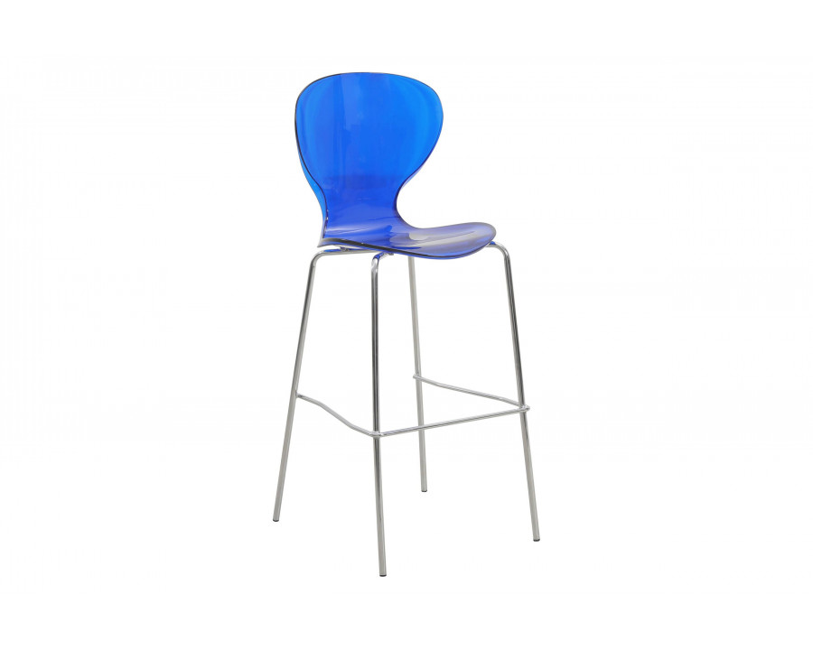 LeisureMod Oyster Mid-Century Modern Acrylic Barstool with Steel Frame in Chrome Finish - Transparent Blue