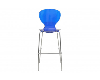 LeisureMod Oyster Mid-Century Modern Acrylic Barstool with Steel Frame in Chrome Finish - Transparent Blue