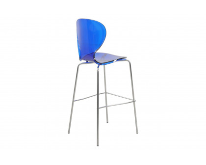 LeisureMod Oyster Mid-Century Modern Acrylic Barstool with Steel Frame in Chrome Finish - Transparent Blue