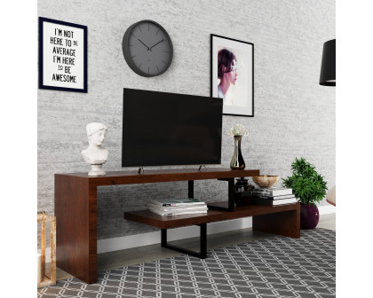 LeisureMod Orford Mid-Century Modern TV Stand with MDF Shelves and Powder Coated Iron Legs - Walnut