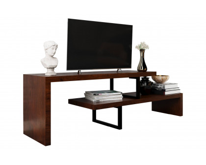 LeisureMod Orford Mid-Century Modern TV Stand with MDF Shelves and Powder Coated Iron Legs - Walnut