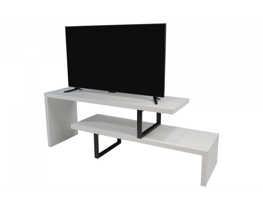 LeisureMod Orford Mid-Century Modern TV Stand with MDF Shelves and Powder Coated Iron Legs - White