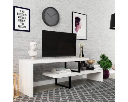 LeisureMod Orford Mid-Century Modern TV Stand with MDF Shelves and Powder Coated Iron Legs - White