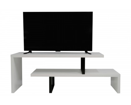 LeisureMod Orford Mid-Century Modern TV Stand with MDF Shelves and Powder Coated Iron Legs - White