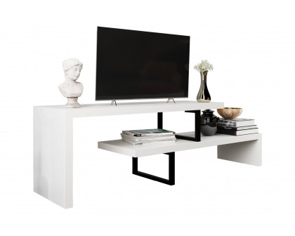 LeisureMod Orford Mid-Century Modern TV Stand with MDF Shelves and Powder Coated Iron Legs - White