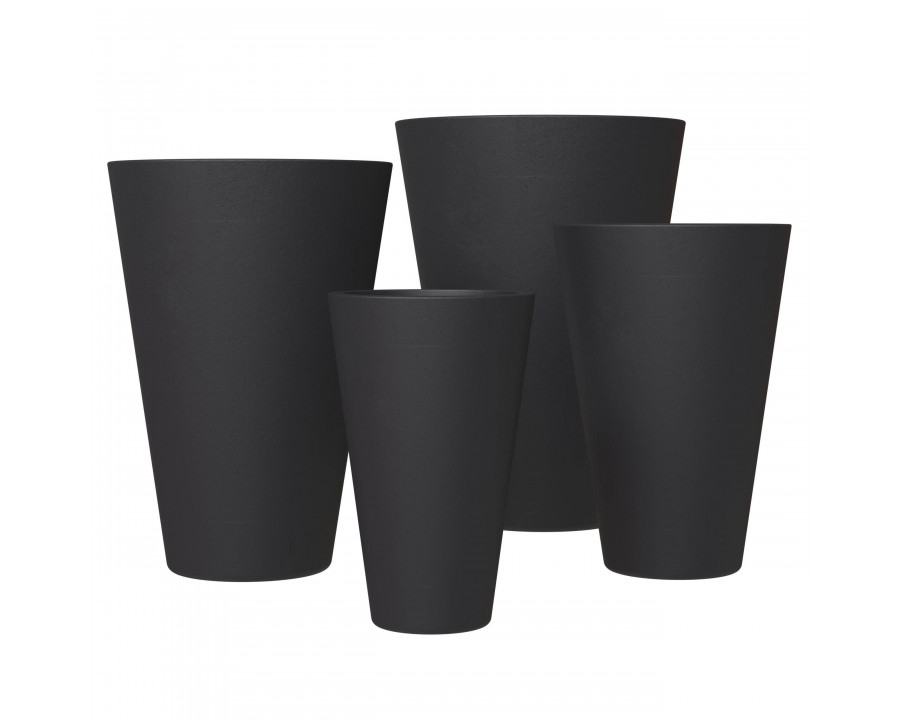 LeisureMod Pebble Modern Tapered Round Planters Pot in Fiberstone and Clay (Set of 4) - Black