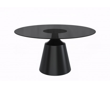 LeisureMod Prynn Modern 60" Round Dining Table with Glass Top and Black Pedestal Base