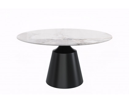 LeisureMod Prynn Modern 60" Round Dining Table with Glass Top and Black Pedestal Base