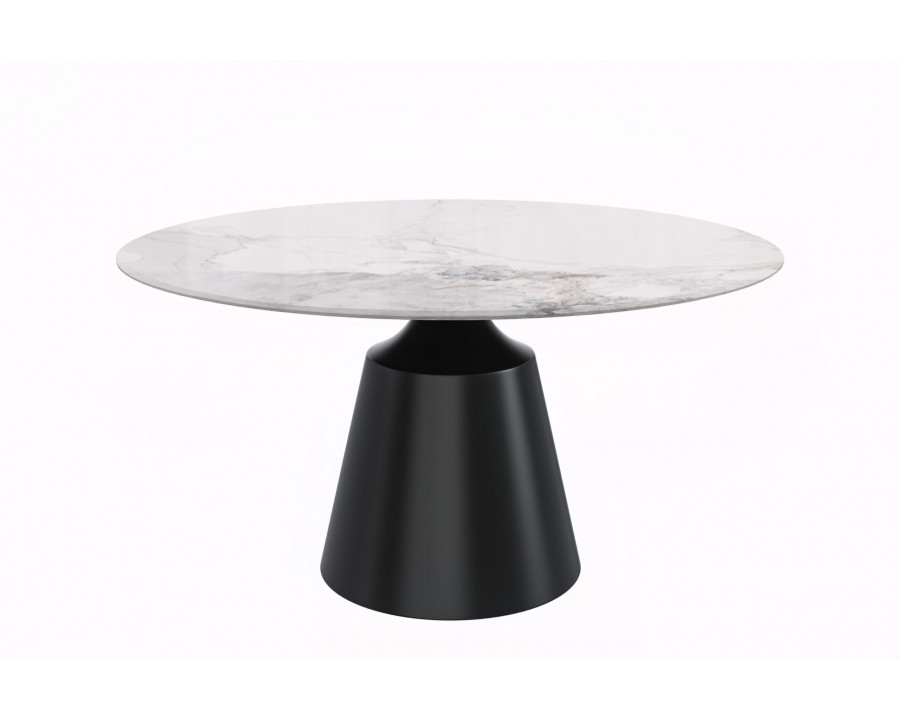 LeisureMod Prynn Modern 60" Round Dining Table with Sintered Stone Top and Black Pedestal Base - White Gray