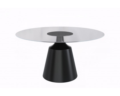 LeisureMod Prynn Modern 60" Round Dining Table with Glass Top and Black Pedestal Base