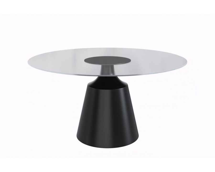 LeisureMod Prynn Modern 60" Round Dining Table with Glass Top and Black Pedestal Base - Clear