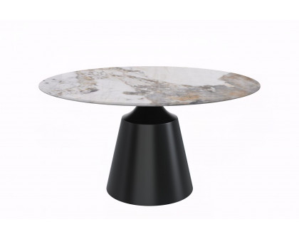 LeisureMod Prynn Modern 60" Round Dining Table with Glass Top and Black Pedestal Base