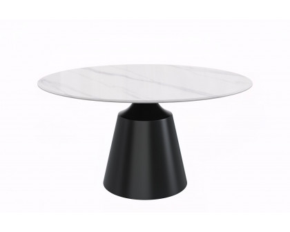 LeisureMod Prynn Modern 60" Round Dining Table with Glass Top and Black Pedestal Base