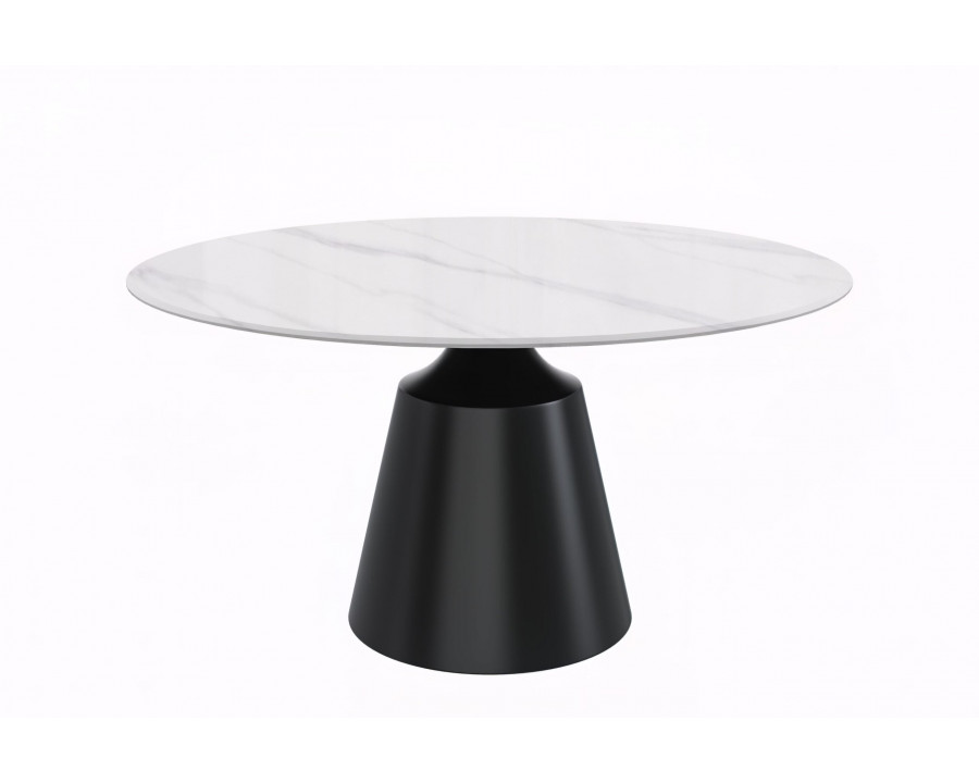 LeisureMod Prynn Modern 60" Round Dining Table with Sintered Stone Top and Black Pedestal Base - White