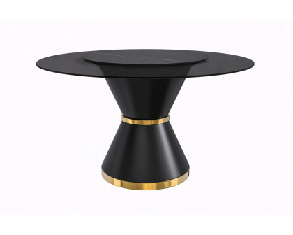 LeisureMod Qorvus Mid-Century Modern Round Dining Table with 60" Glass/Stone Top and Black/Gold Pedestal Base